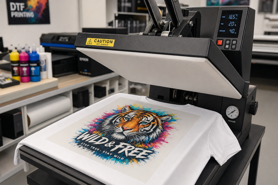 Heat press machine applying DTF transfer to white t-shirt in professional print shop.