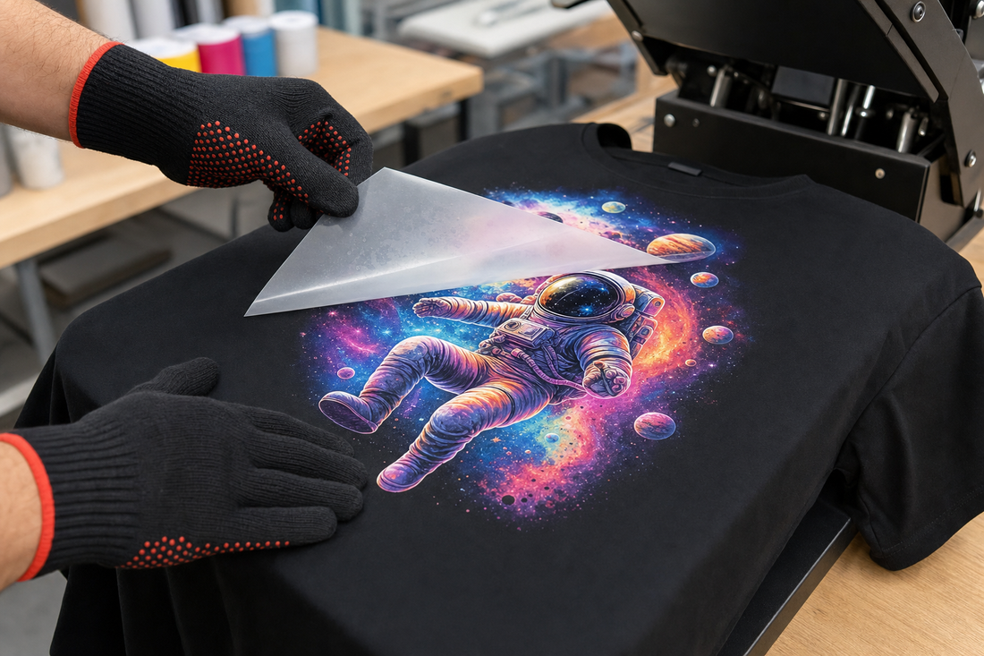 Hands peeling protective film from DTF transfer on black t-shirt after heat pressing.
