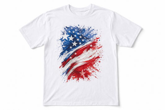 White t-shirt laid flat on white background with vibrant red, white, and blue patriotic DTF print centered on chest.